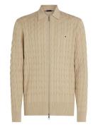 Classic Cable Polo Zip Through Tops Knitwear Full Zip Jumpers Beige To...