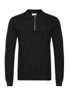 Ecovero L/S Zip Polo Tops Knitwear Long Sleeve Knitted Polos Black Lin...