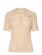 Openwork Knitted Polo-Neck Sweater Tops Knitwear Jumpers Beige Mango