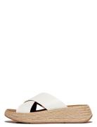 F-Mode Espadrille Leather Flatform Cross Slides Sandal Med Hæl White F...
