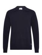 Lambswool L/S V-Neck Polo Tops Knitwear Long Sleeve Knitted Polos Navy...